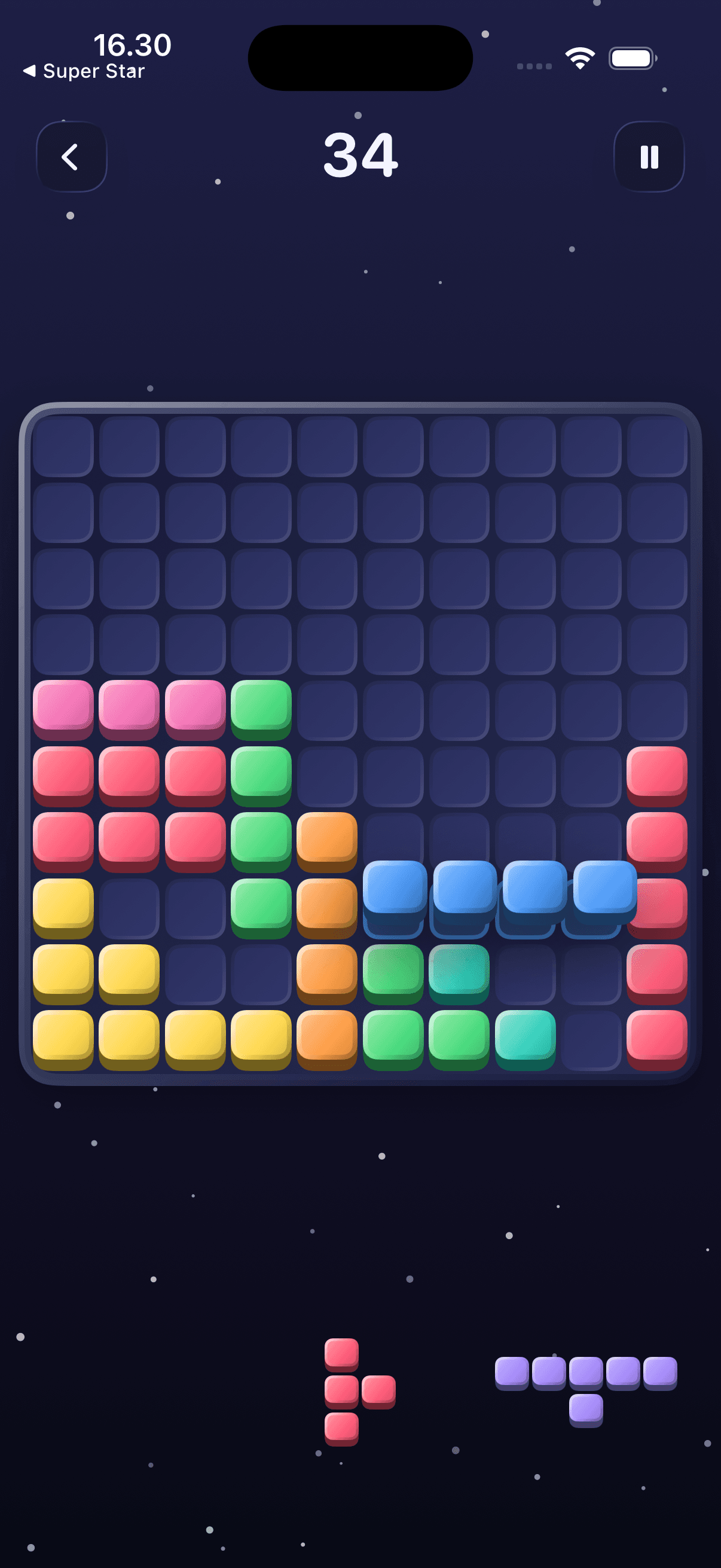 A Classic run in progress on the 10x10 grid, with a score of 34, part-filled rows in six colours and two shapes waiting in the tray