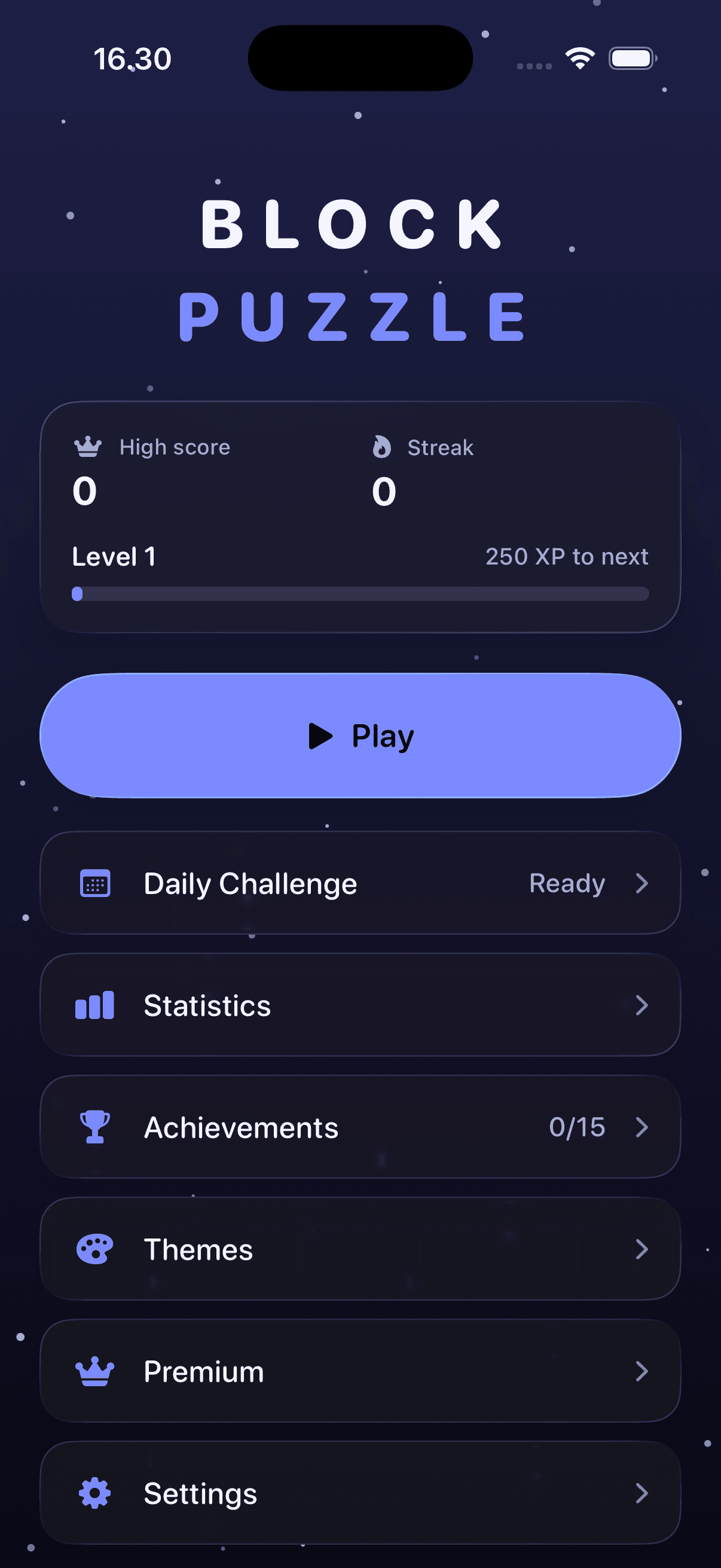Home screen with high score, streak and level progress, a Play button, and entries for the daily challenge, statistics, achievements, themes and settings