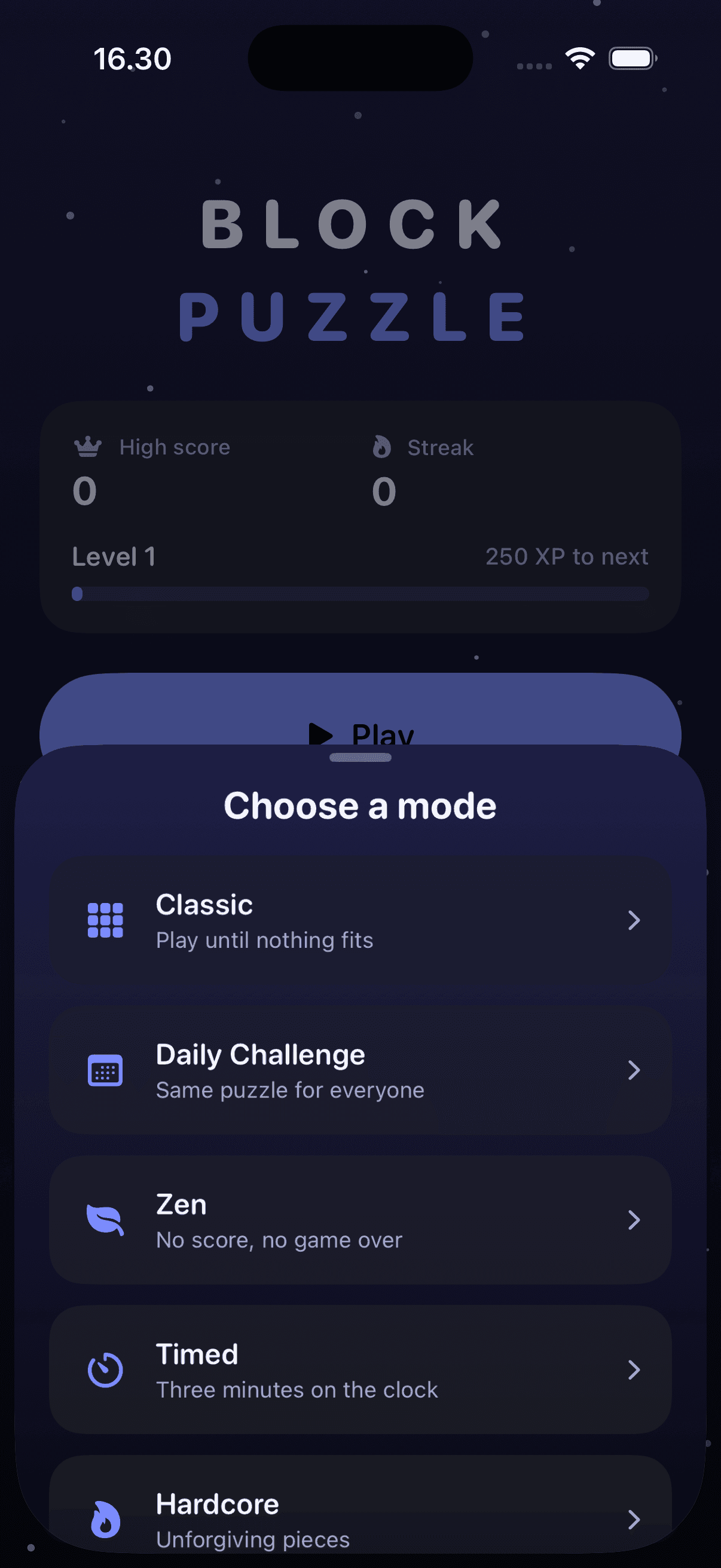 Mode picker: Classic, Daily Challenge, Zen, Timed and Hardcore, each with a one-line description
