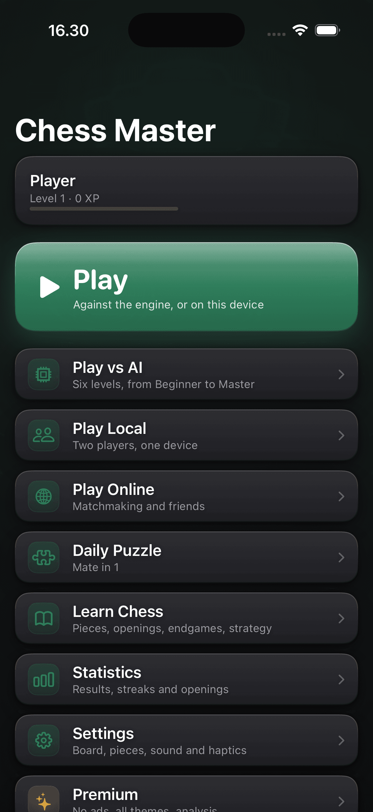 Home screen with Play, Play vs AI, Play Local, Play Online, Daily Puzzle, Learn Chess, Statistics and Settings