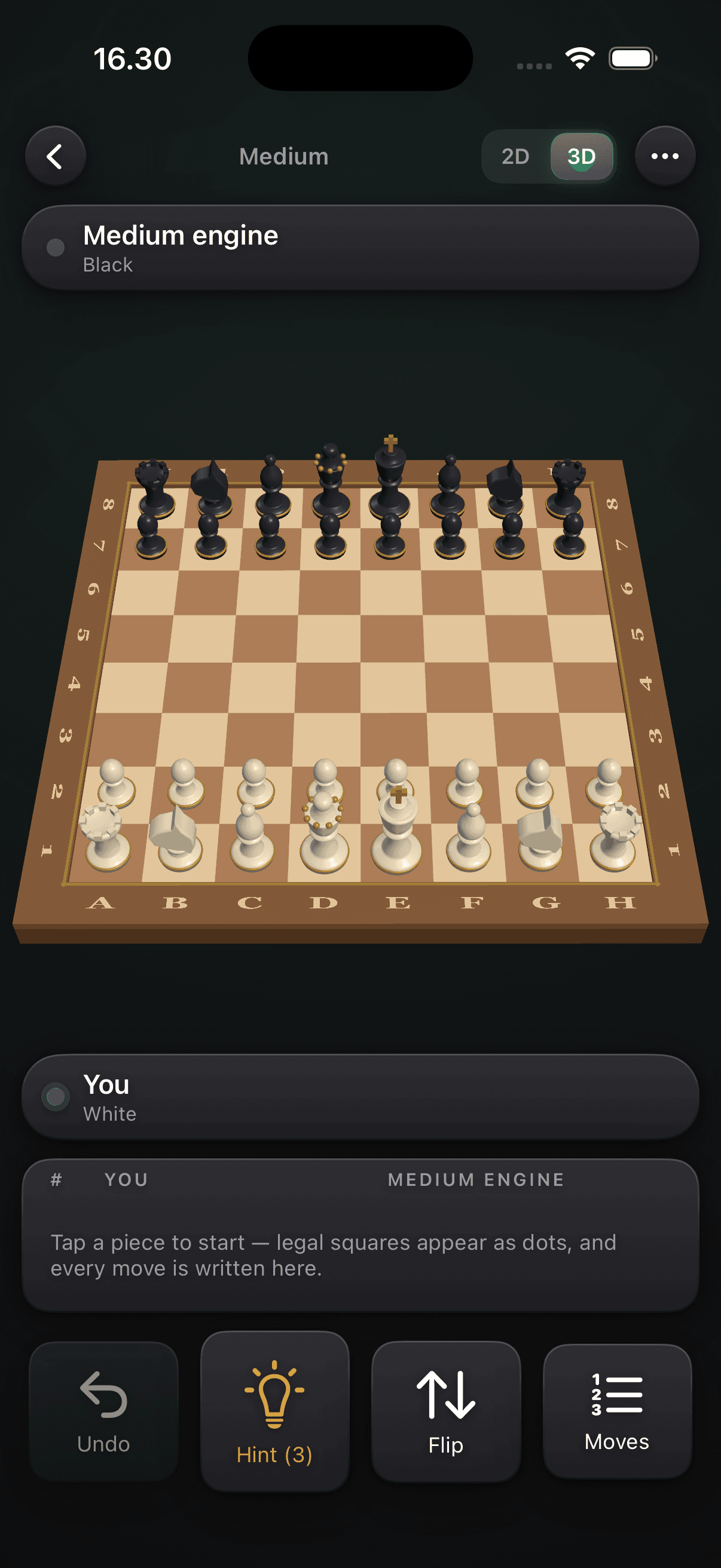 A game against the Medium engine on the 3D board, with a 2D/3D switch, the move list, and undo, hint and flip controls