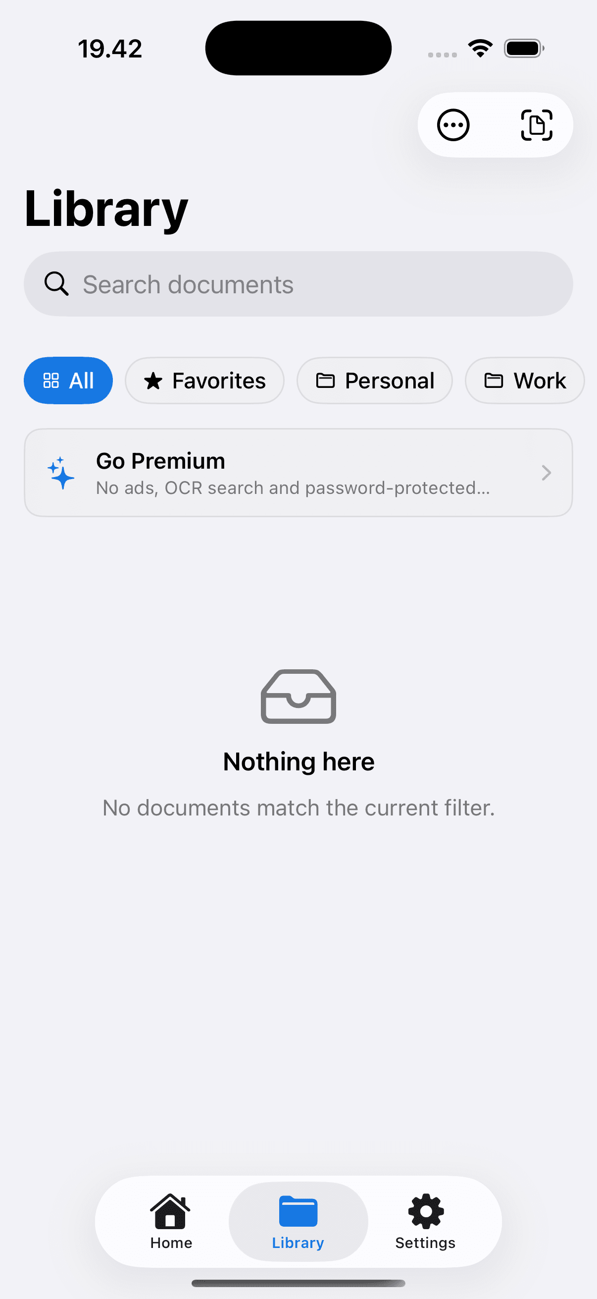 Library with folder filters, search and the Premium upgrade entry