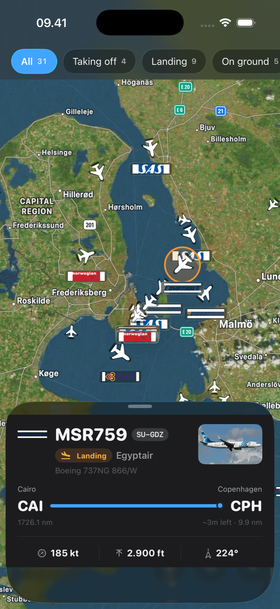 Tapping an aircraft opens a card with its callsign, registration, airline, route from Cairo to Copenhagen, speed, altitude and heading