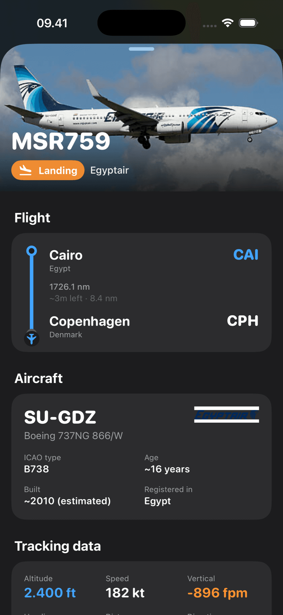 Full detail sheet with a photograph of the aircraft, its route as a timeline, registration, type, age and live tracking data