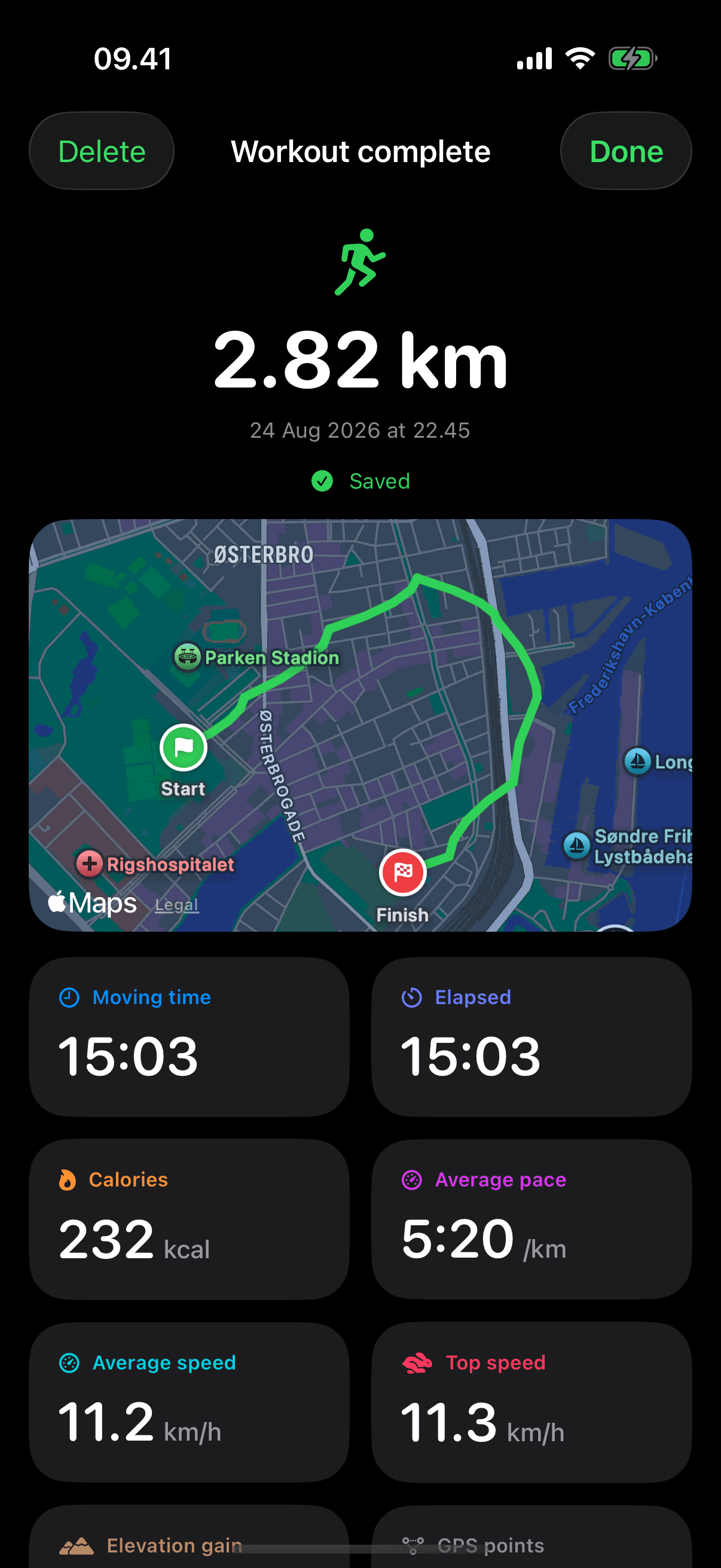 A finished run, already saved, with the route from start to finish on the map, moving and elapsed time, calories, average pace, top speed and the kilometre splits