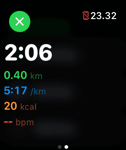 A run in progress on the watch: elapsed time in large type above distance, current pace, calories and heart rate