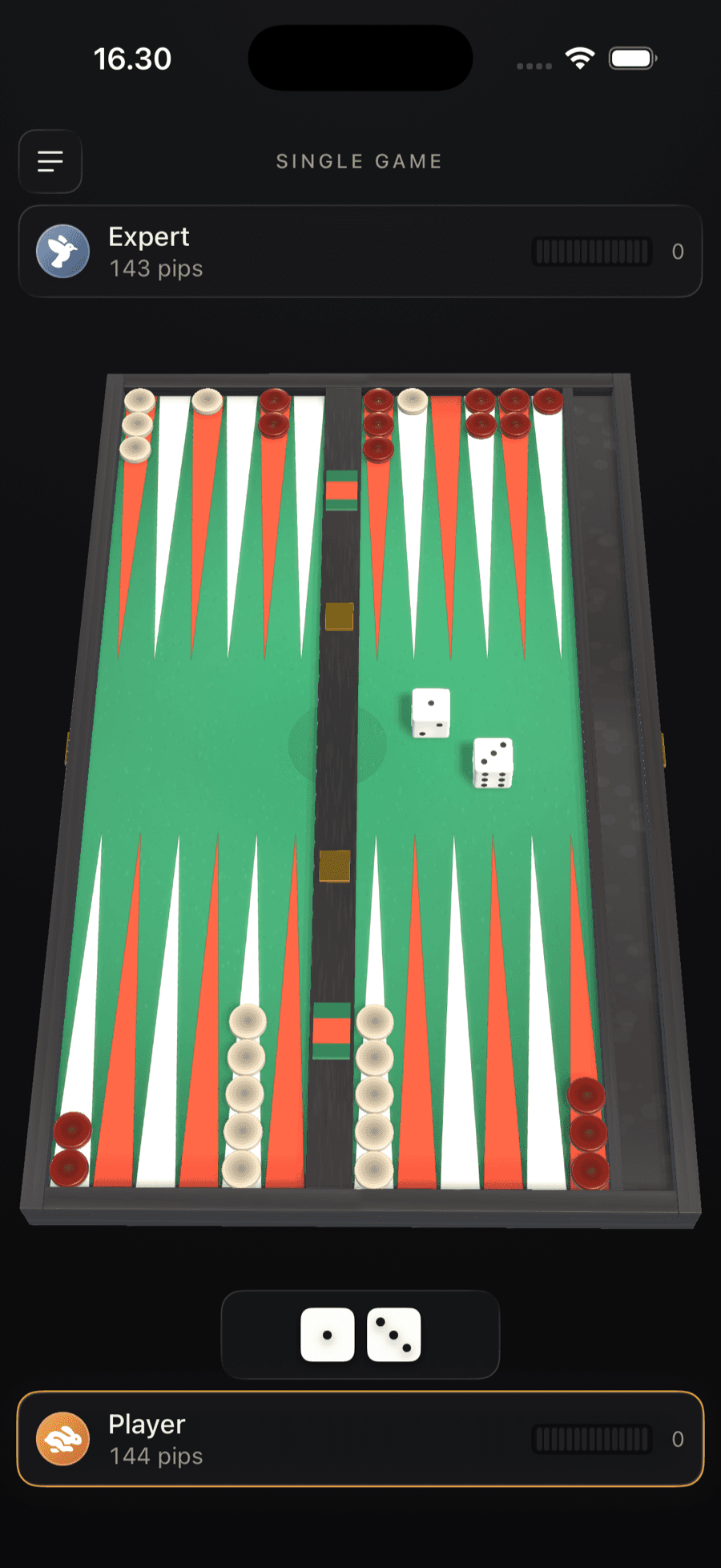 Een los spel tegen de tegenstander Expert, het bord in 3D met de gegooide dobbelstenen en de pipcount voor beide kanten