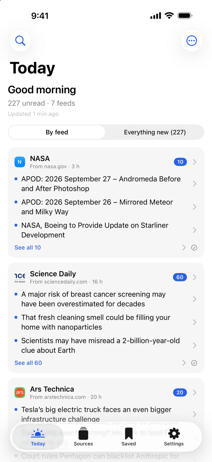 Vandaag: elke feed met de nieuwste koppen en het aantal ongelezen artikelen – NASA, Science Daily, Ars Technica – en een schakelaar naar alles wat nieuw is in één lijst
