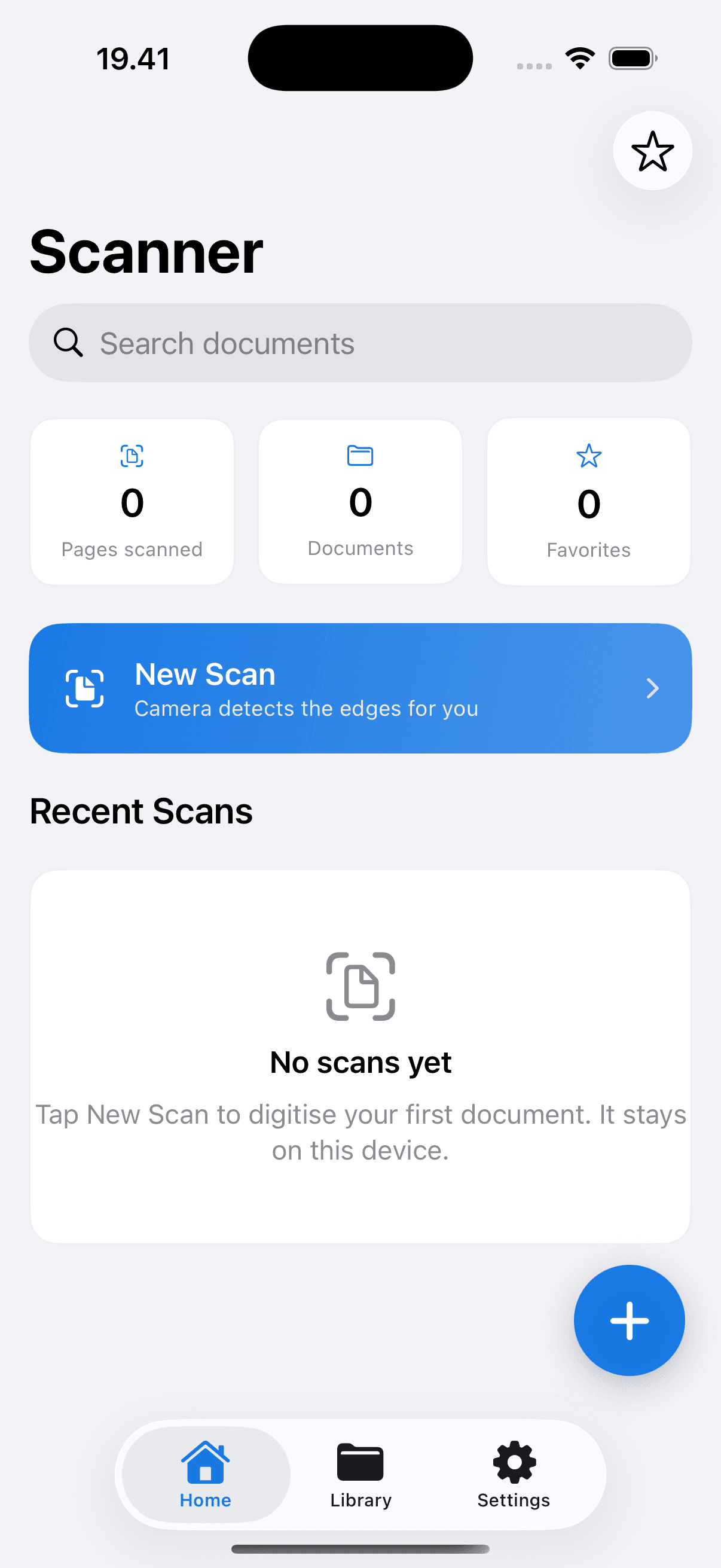 Home screen with scan counters, a New Scan button and the recent scans list
