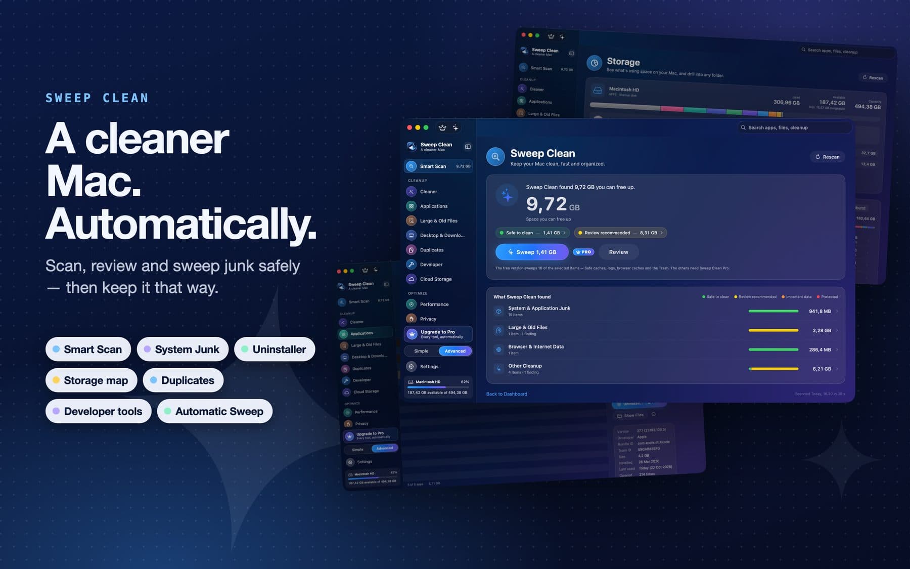 Sweep Clean: Een schonere Mac. Automatisch. Scan, controleer en ruim rommel veilig op – en houd het zo.