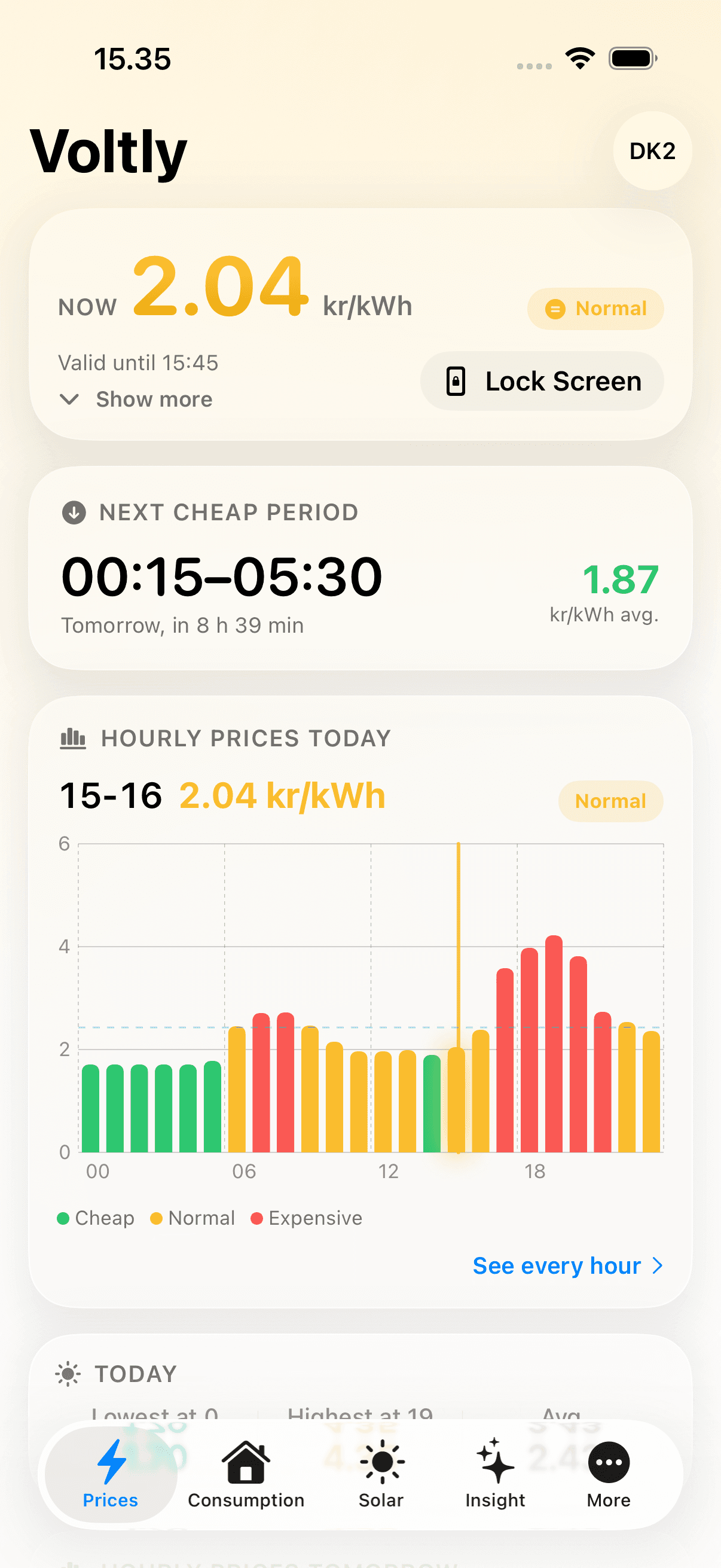 El precio actual por kWh, el próximo periodo barato y los precios por horas de hoy en verde, amarillo y rojo