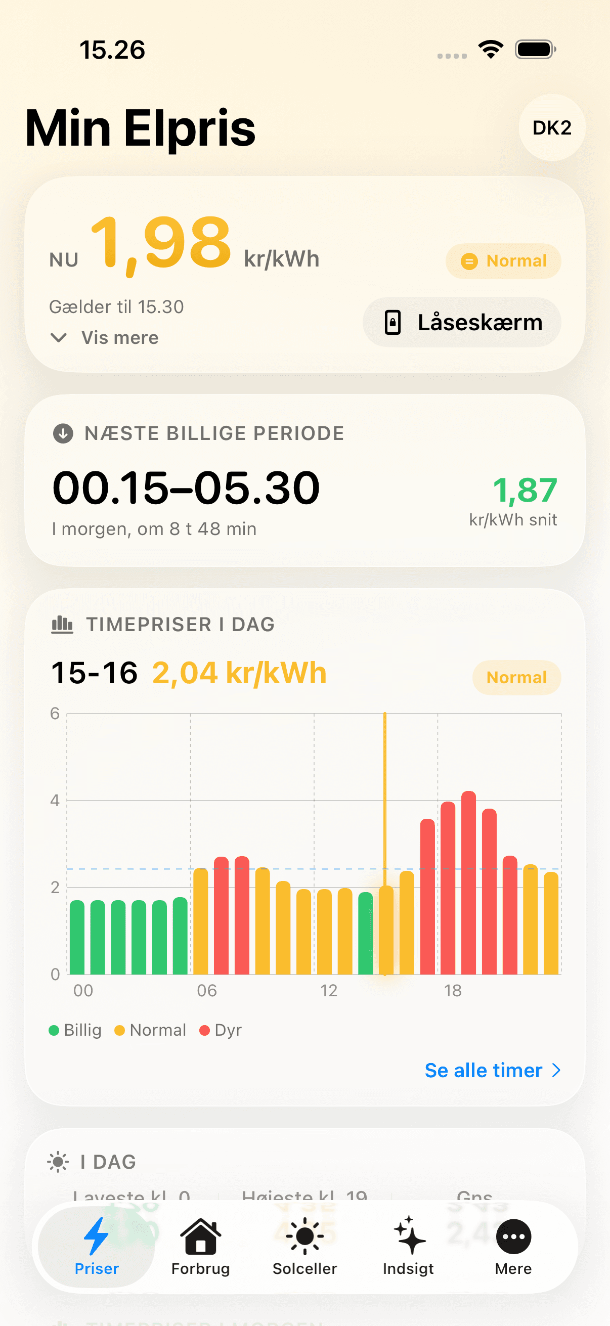 Prisen lige nu pr. kWh, den næste billige periode og dagens timepriser i grønt, gult og rødt