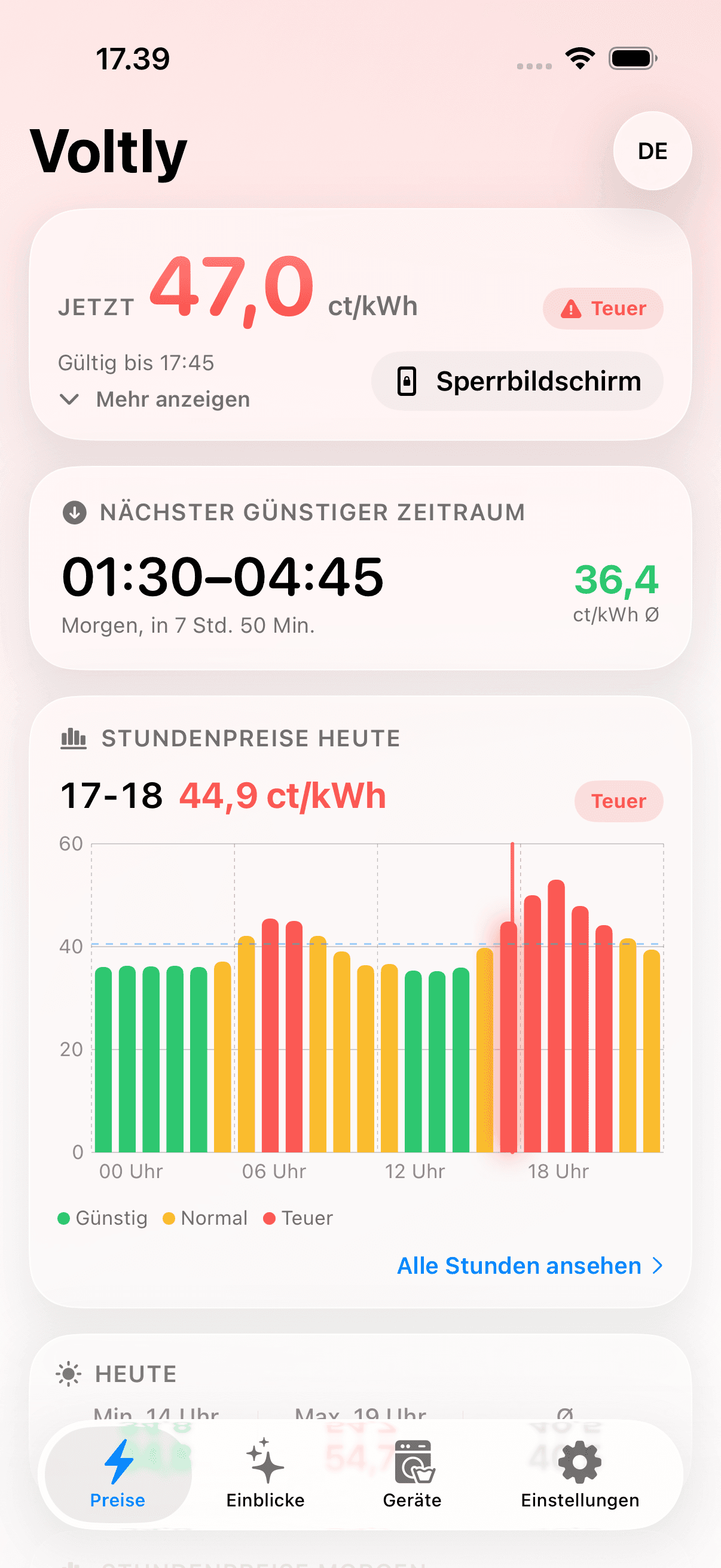 Der Preis jetzt pro kWh, der nächste günstige Zeitraum und die Stundenpreise von heute in Grün, Gelb und Rot