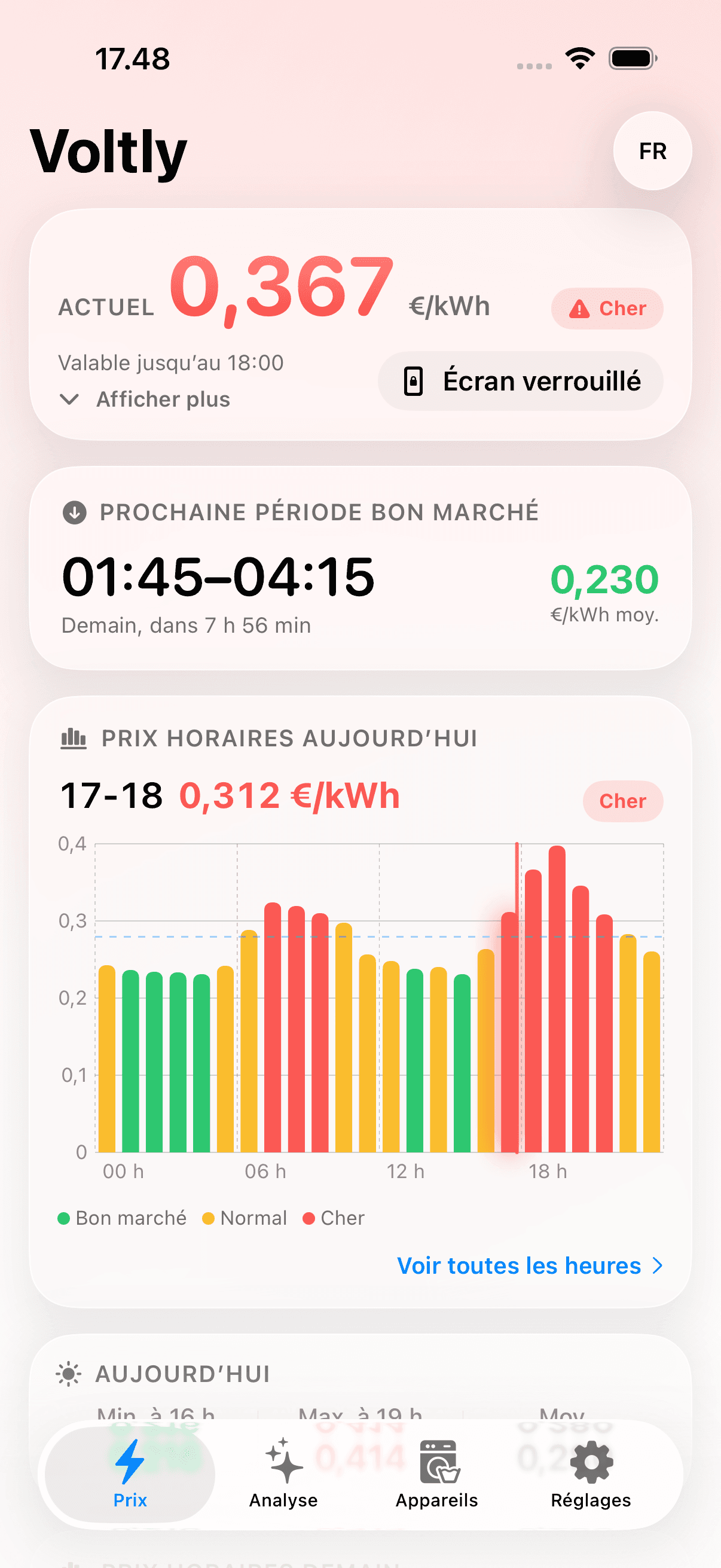 Le prix actuel par kWh, la prochaine période bon marché et les prix horaires d'aujourd'hui en vert, jaune et rouge
