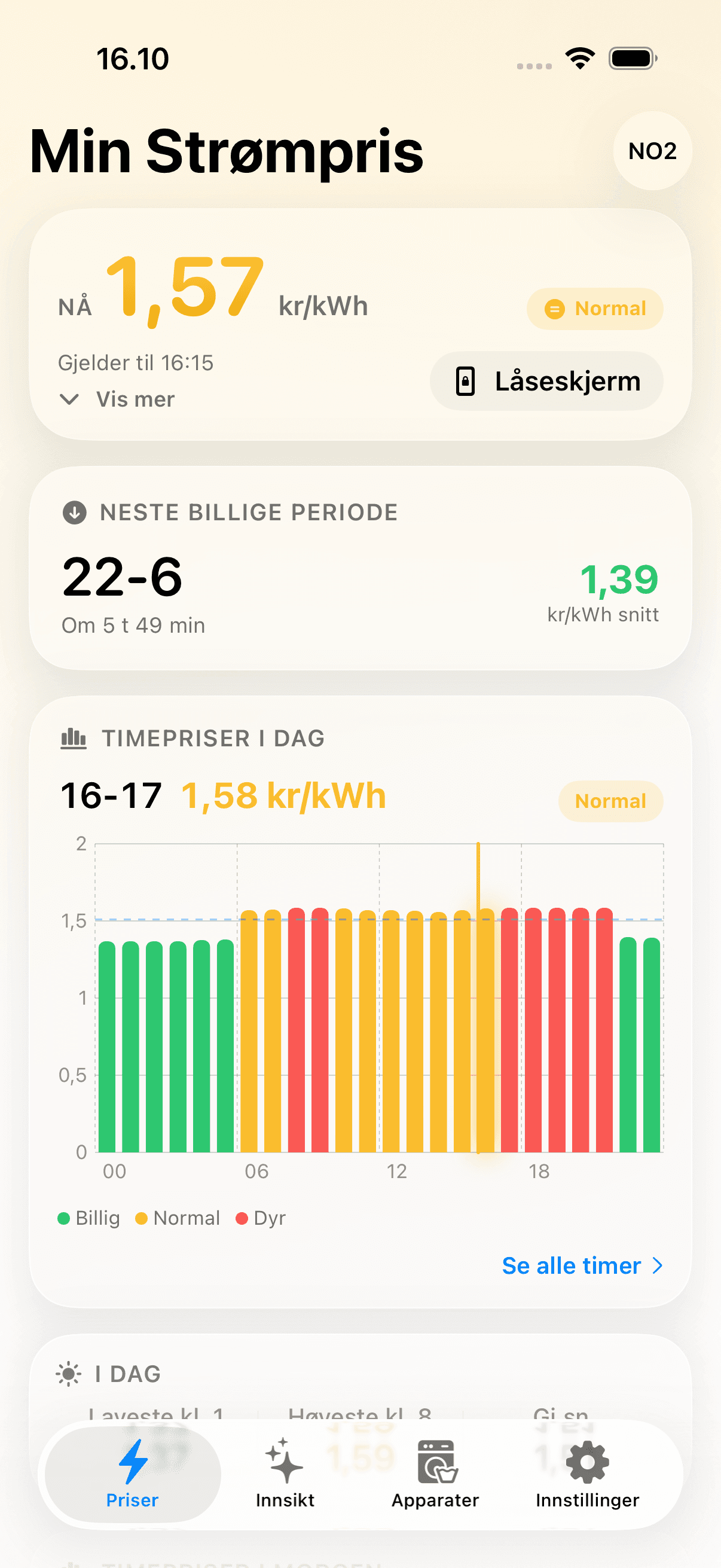Prisen akkurat nå per kWh, neste billige periode og dagens timepriser i grønt, gult og rødt