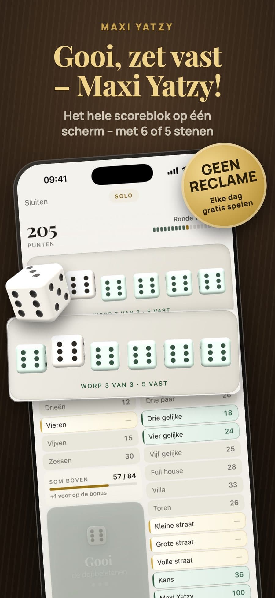 Yatzy Challenge: Gooi, zet vast – Maxi Yatzy! Het hele scoreblok op één scherm – met 6 of 5 stenen